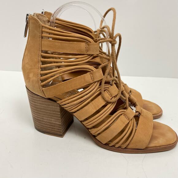 Vince Camuto | Kaiann Tan Suede Leather Lace Up Cut Out Block Heel Sandals - Picture 4 of 11